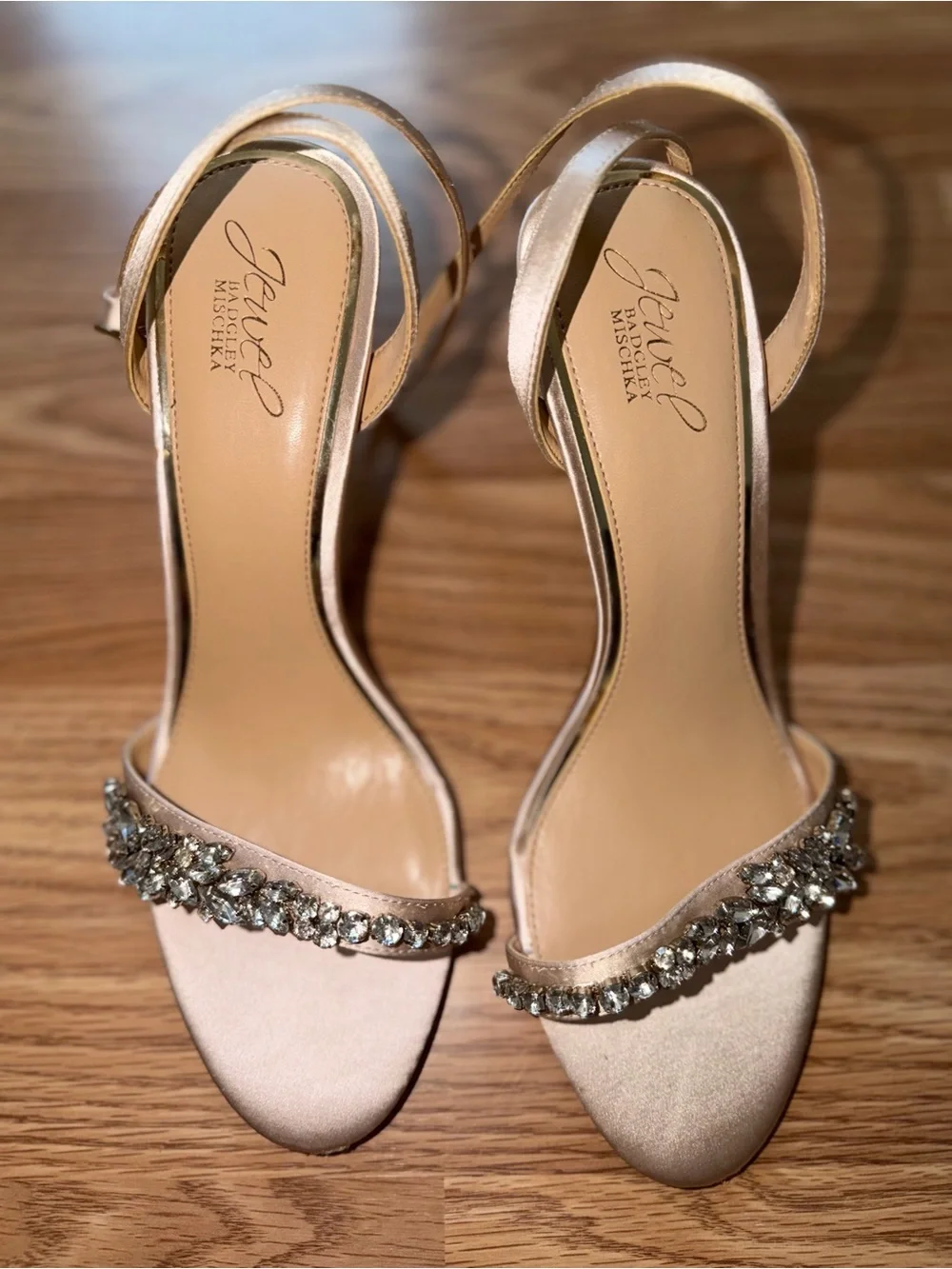 Badgley Mischka Champagne Crystal-Embellished Ankle-Strap Heels